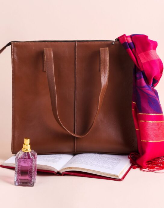 Everyday Women's Leather Zipper Tote Bag-Tan Brown - Image 2