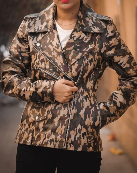 Womens Leather Military Camouflage Print Jacket