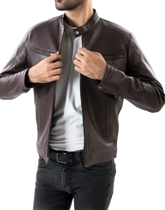 Brown Mens Pure Sheep Leather Zipper Jacket