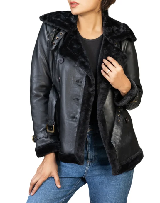 Women’s Double Breasted Real Shearling Leather Jacket