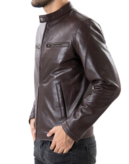 Brown Mens Pure Sheep Leather Zipper Jacket - Image 3