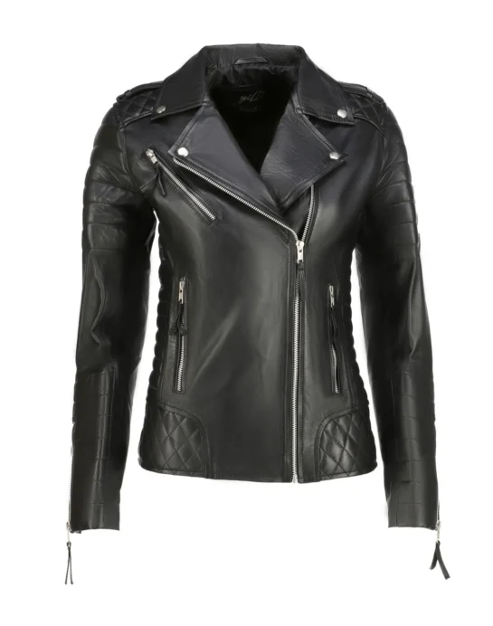 Womens Quilted Leather Quilted Jacket-Black