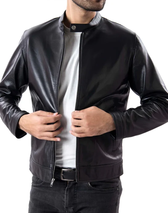 Black Mens Pure Sheep Leather Zipper Jacket