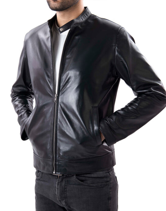 Black Mens Pure Sheep Leather Zipper Jacket - Image 3