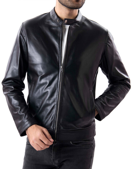 Black Mens Pure Sheep Leather Zipper Jacket - Image 4