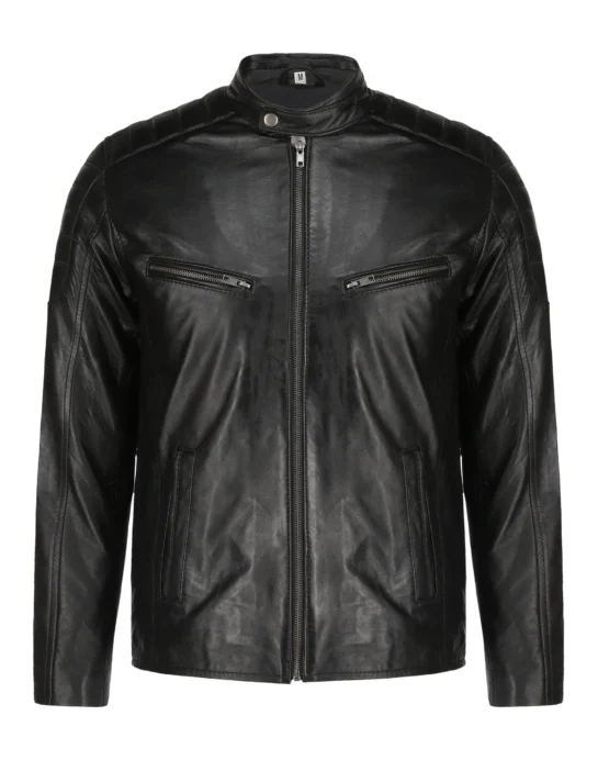 Mens Black Lambskin Biker Style Leather Jacket - Image 2