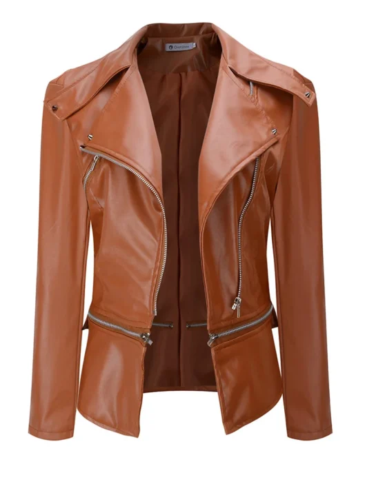 Women Motorcycle Zipper Leather Jacket