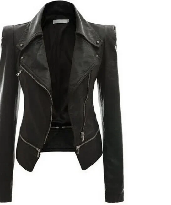 Women Motorcycle Zipper Leather Jacket - Image 3