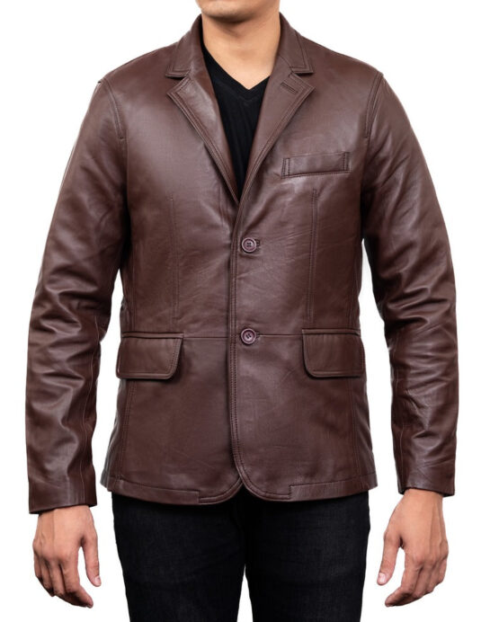 2-Button Men Lambskin Leather Blazer - Image 2