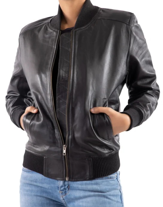 Womens Bomber Leather Jacket - Image 2