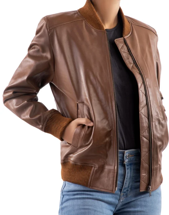 Womens Bomber Leather Jacket - Image 5