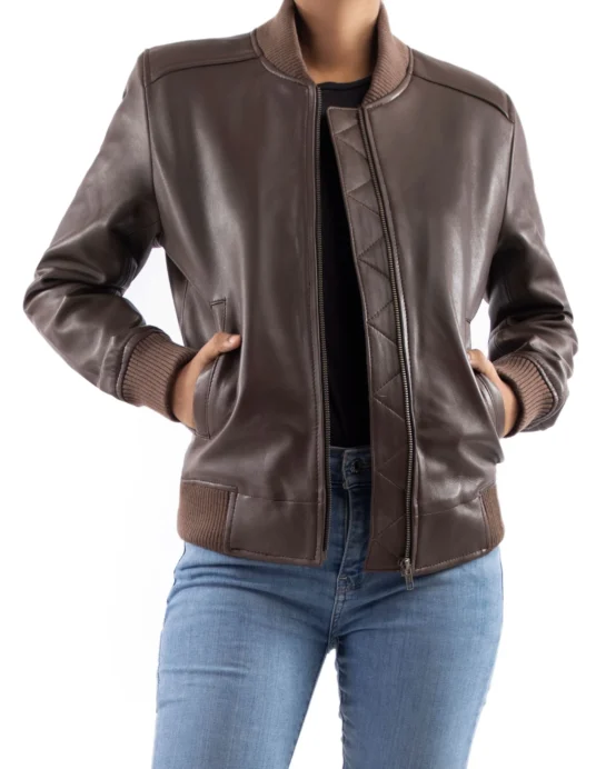 Womens Bomber Leather Jacket - Image 3