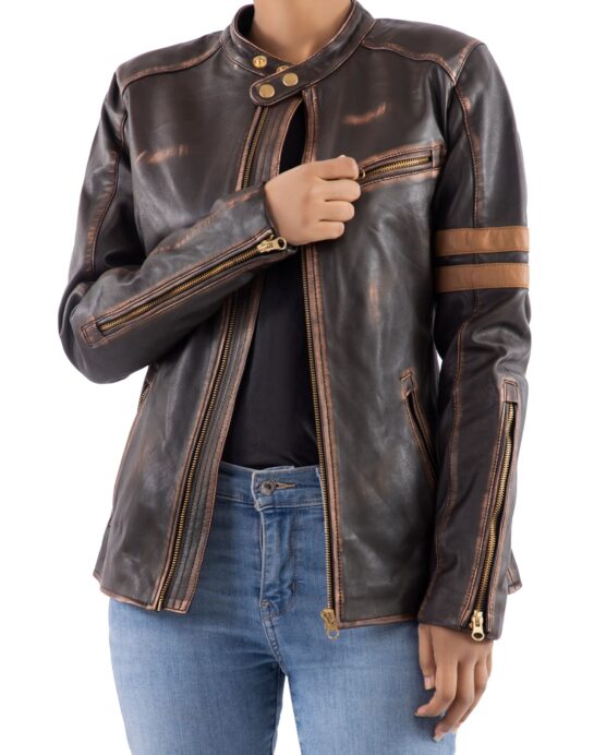 Distressed Café Racer Vintage Leather Jacket Women - Image 9