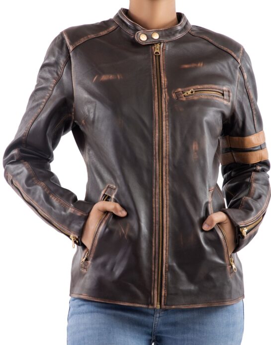 Distressed Café Racer Vintage Leather Jacket Women - Image 11