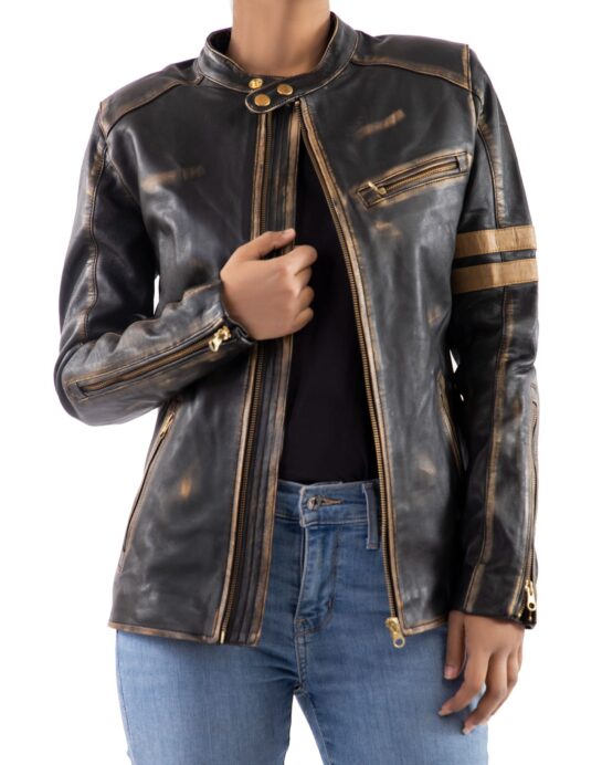 Distressed Café Racer Vintage Leather Jacket Women - Image 4