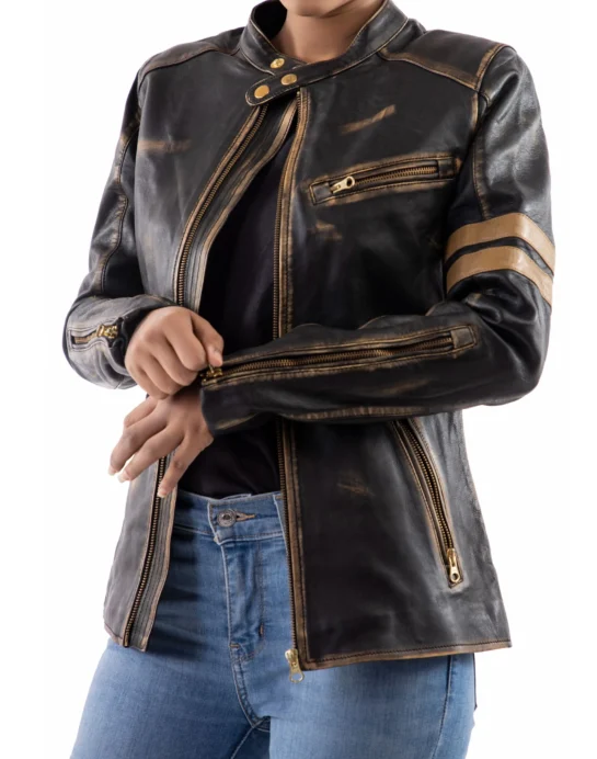 Distressed Café Racer Vintage Leather Jacket Women