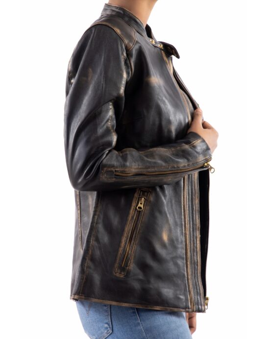 Distressed Café Racer Vintage Leather Jacket Women - Image 3