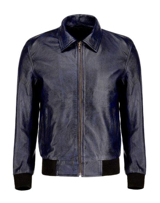 Zipper Vintage Bomber Polo Leather Jacket-Blue