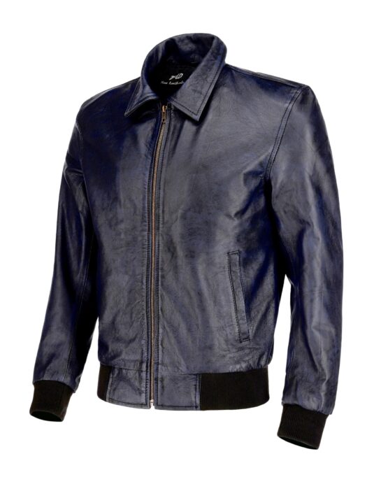 Zipper Vintage Bomber Polo Leather Jacket-Blue - Image 2