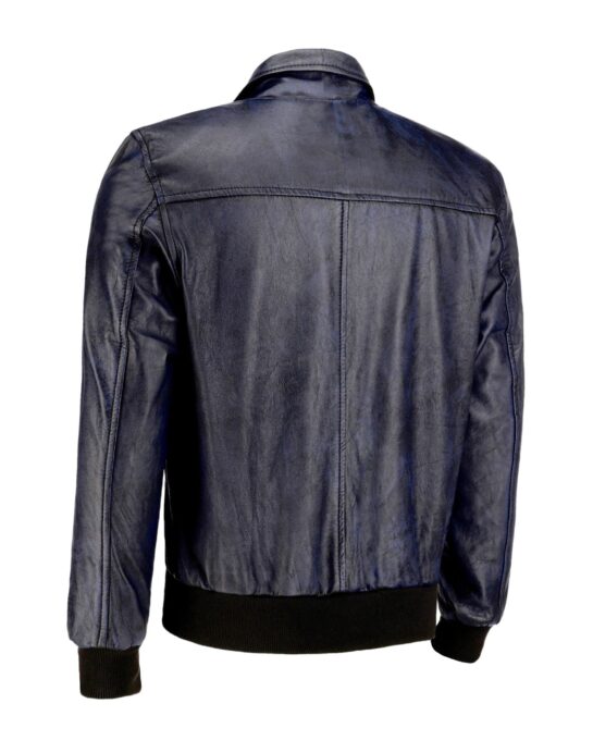 Zipper Vintage Bomber Polo Leather Jacket-Blue - Image 4