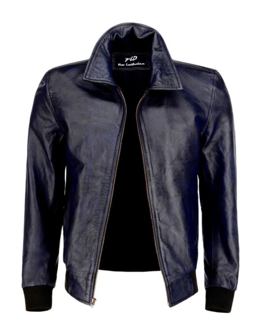 Zipper Vintage Bomber Polo Leather Jacket-Blue - Image 3