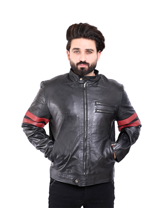 X-MEN WOLVERINE BLACK WITH RED STRIPES BIKER LEATHER JACKET