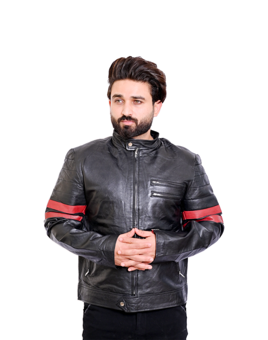 X-MEN WOLVERINE BLACK WITH RED STRIPES BIKER LEATHER JACKET - Image 2