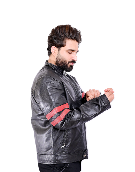 X-MEN WOLVERINE BLACK WITH RED STRIPES BIKER LEATHER JACKET - Image 3