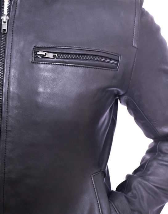 Dodge Men's Black Cafe Racer Leather Biker Jacket - Image 3