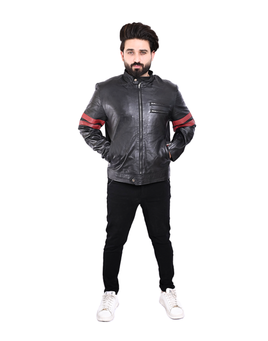 X-MEN WOLVERINE BLACK WITH RED STRIPES BIKER LEATHER JACKET - Image 4