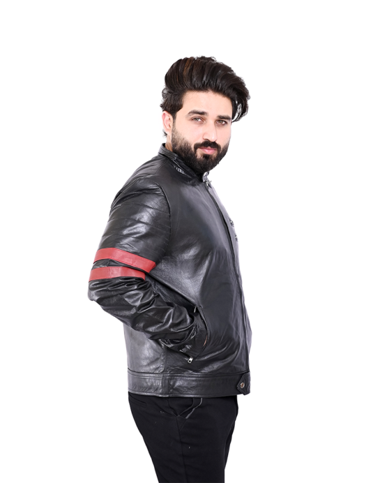 X-MEN WOLVERINE BLACK WITH RED STRIPES BIKER LEATHER JACKET - Image 5